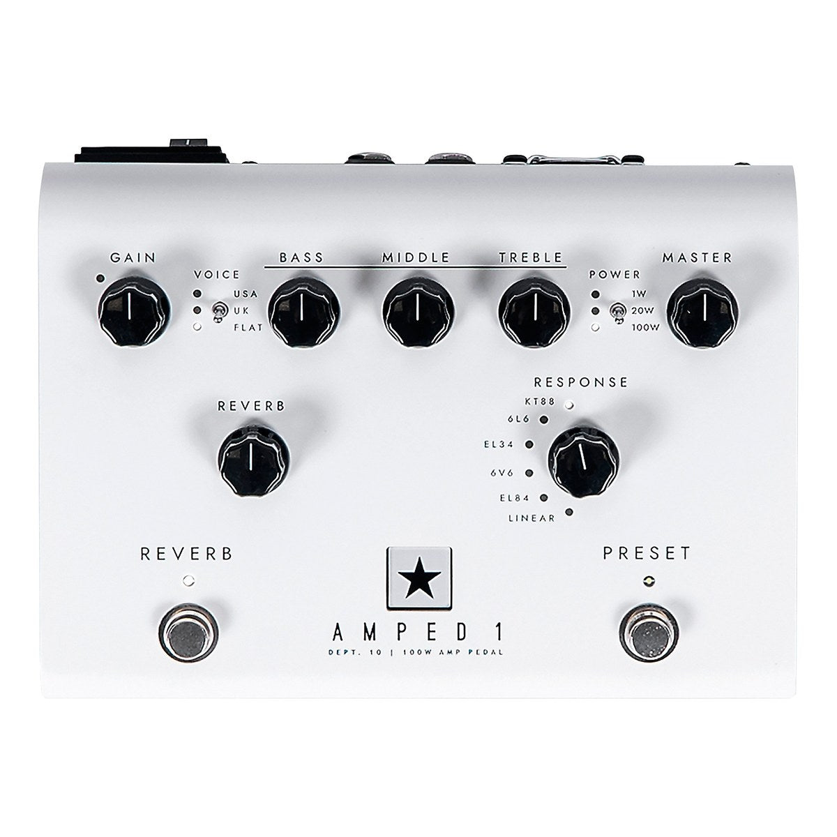 mặt trên Blackstar Dept. 10 AMPED 1 vỏ trắng: GAIN, VOICE USA/UK/FLAT, BASS, MIDDLE, TREBLE, POWER, MASTER, REVERB, RESPONSE và 2 footswitch REVERB, PRESET