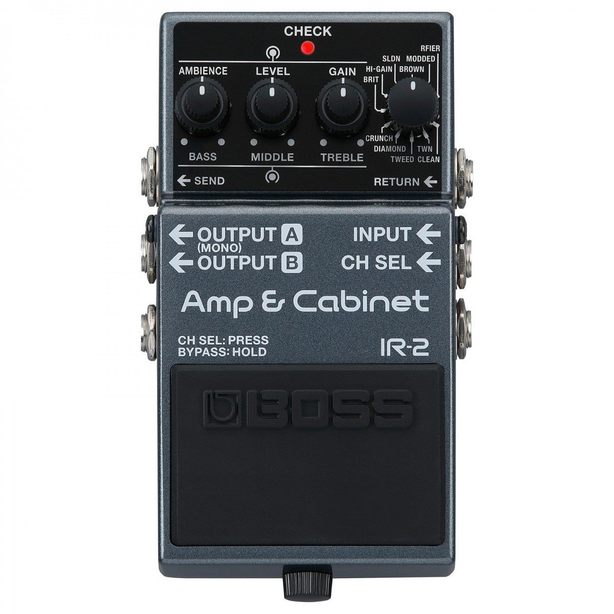 Phơ Giả Lập Amply BOSS IR-2 – mặt trên với núm AMBIENCE, LEVEL, GAIN, BASS, MIDDLE, TREBLE và núm chọn amp