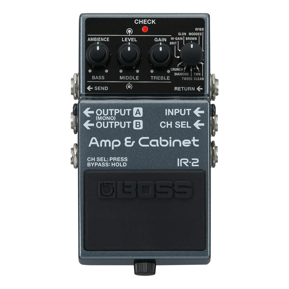 chính diện mặt trên BOSS IR-2 Amp & Cabinet với 6 núm, núm chọn amp và đèn CHECK