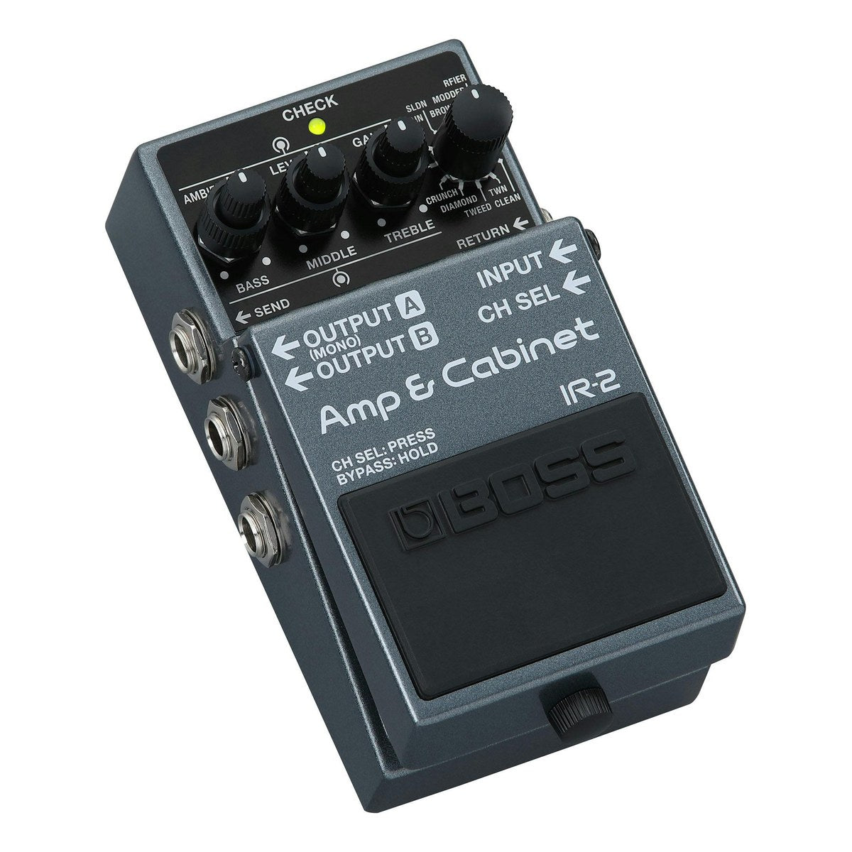 BOSS IR-2 nhìn nghiêng thấy cạnh trái với jack OUTPUT A, OUTPUT B và SEND