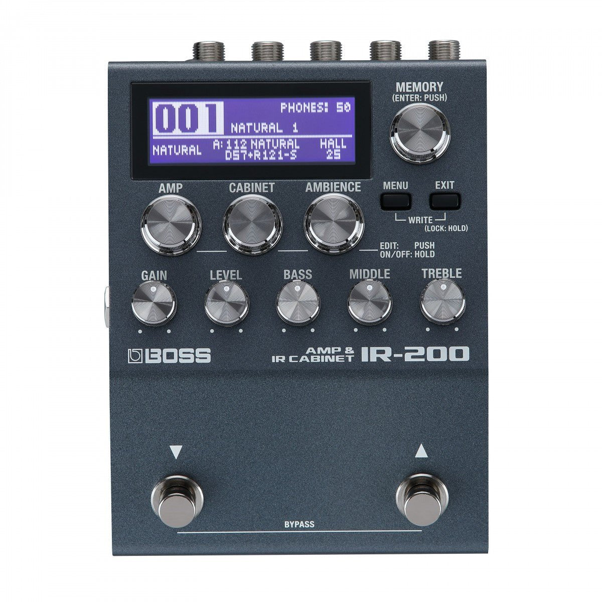 Phơ Giả Lập Amply BOSS IR-200 Amp & IR Cabinet – mặt trên với màn hình LCD, núm AMP, CABINET, AMBIENCE và 2 footswitch