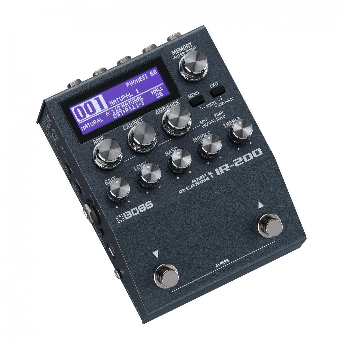 Phơ Giả Lập Amply BOSS IR-200 Amp & IR Cabinet – nhìn nghiêng, thấy màn hình, 8 núm chỉnh âm và núm MEMORY