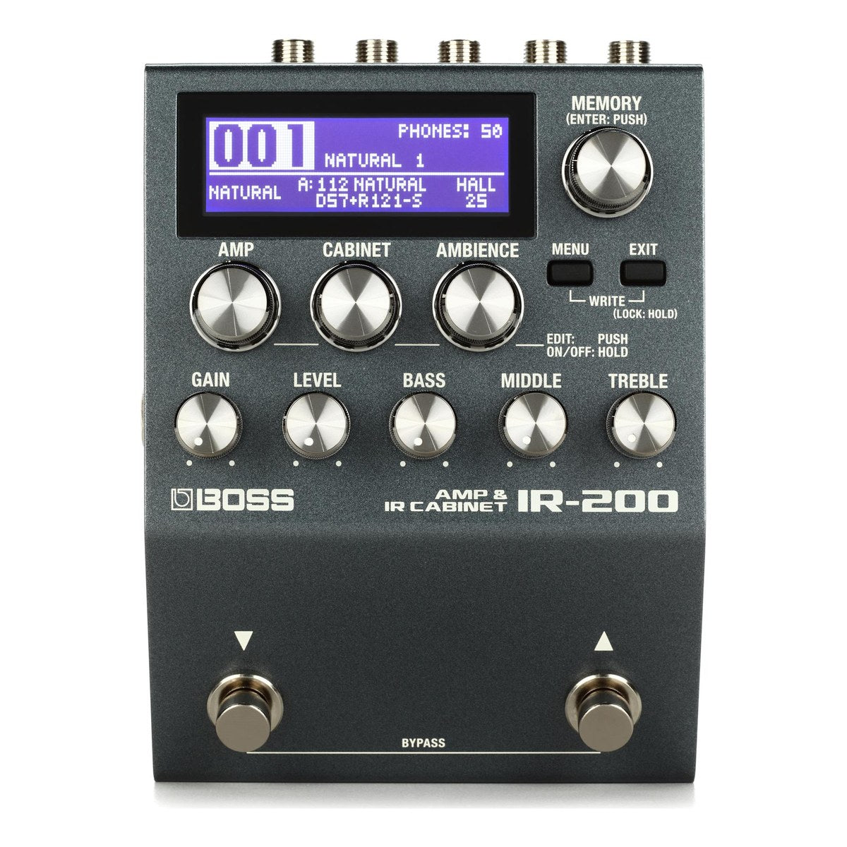 BOSS IR-200 Amp & IR Cabinet nhìn chính diện: màn LCD, núm MEMORY, 8 núm chỉnh và 2 footswitch