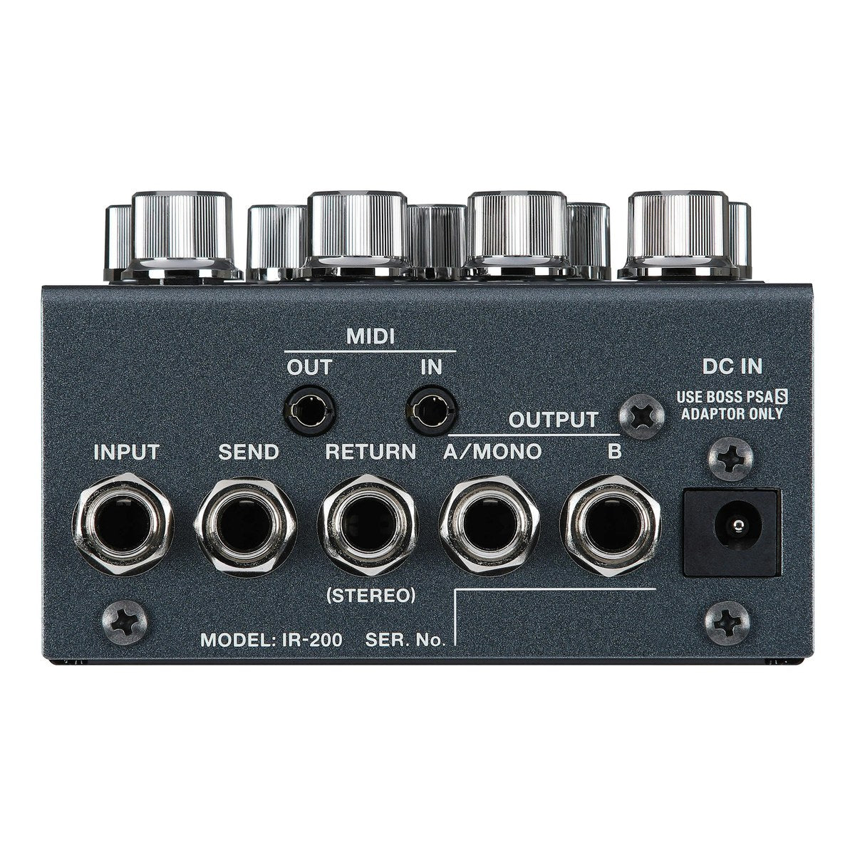 Mặt sau BOSS IR-200: INPUT, SEND, RETURN, OUTPUT A/MONO, B, MIDI IN/OUT và DC IN