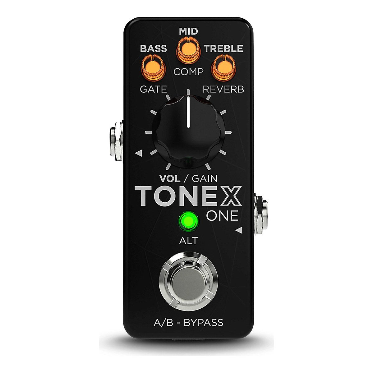 IK Multimedia TONEX One nhìn chính diện: núm VOL/GAIN, ba núm BASS/MID/TREBLE và footswitch A/B - BYPASS