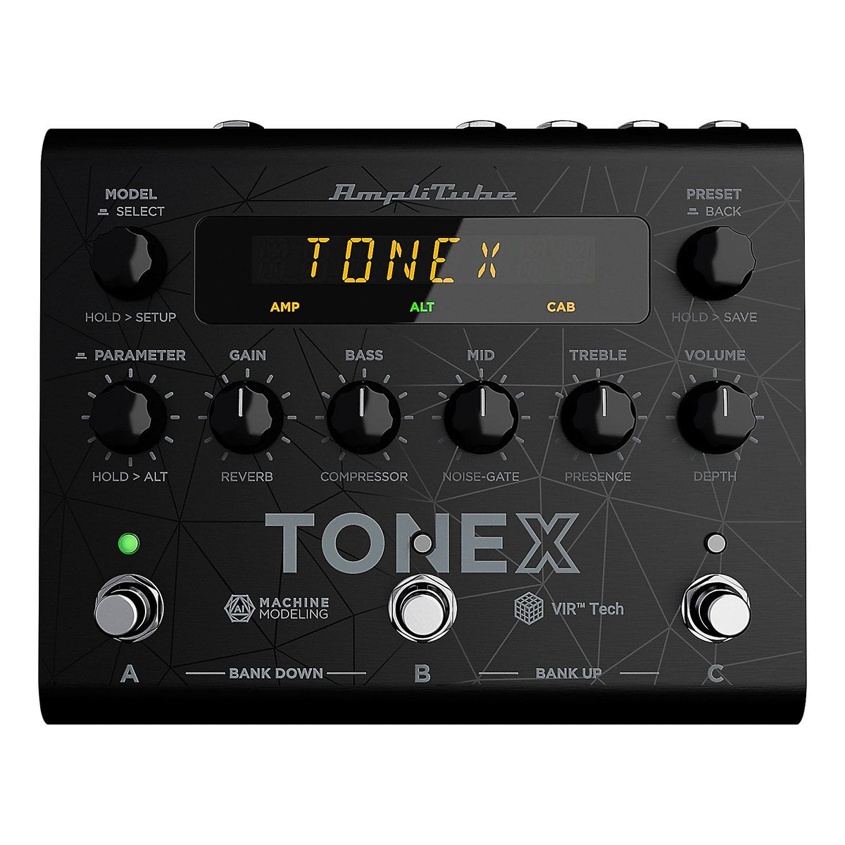 IK Multimedia TONEX Pedal nhìn chính diện: màn hình, encoder MODEL/PRESET/PARAMETER, 5 núm và 3 footswitch A, B, C