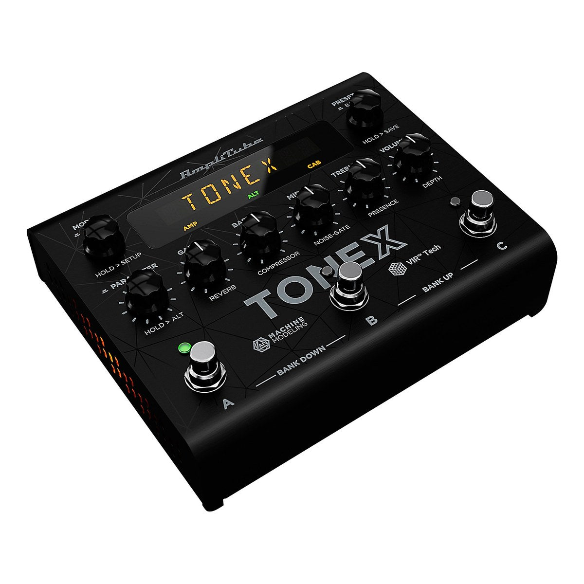 IK Multimedia TONEX Pedal nhìn nghiêng từ bên trái, thấy khe tản nhiệt cạnh trái