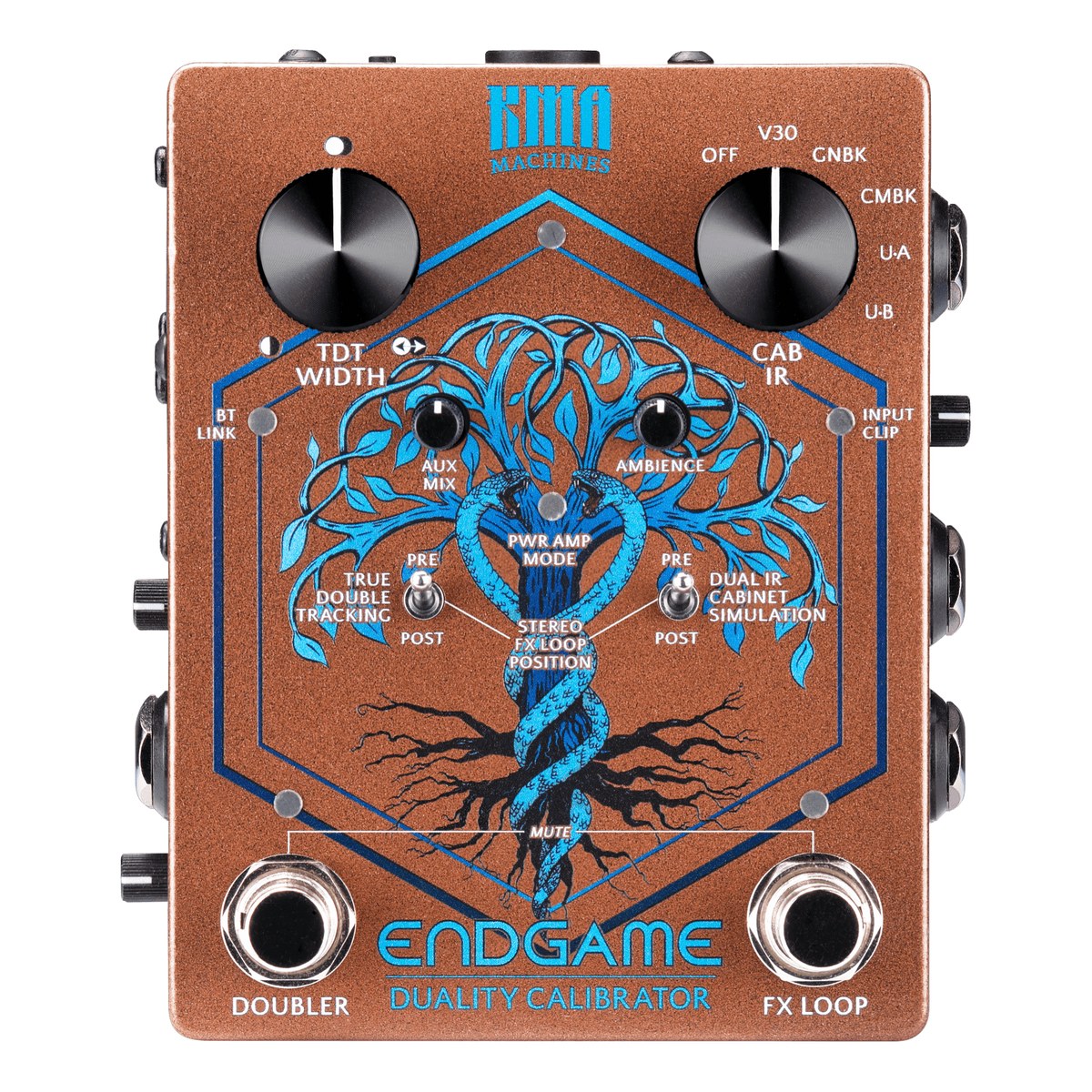 KMA Machines ENDGAME nhìn thẳng từ trên xuống: núm TDT WIDTH, CAB IR, AUX MIX, AMBIENCE, hai công tắc PRE/POST, footswitch DOUBLER và FX LOOP