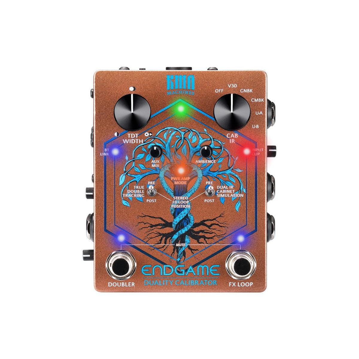 KMA Machines ENDGAME mặt trước khi bật các đèn: đèn PWR AMP MODE, BT LINK, INPUT CLIP và đèn hai footswitch