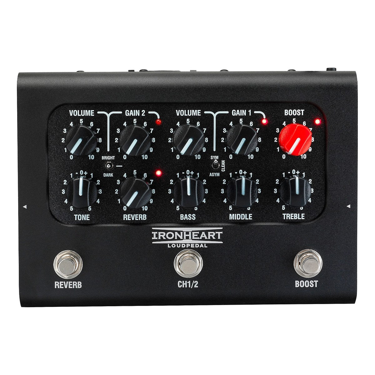mặt trên Laney Ironheart Loudpedal Martin Miller: 2 kênh VOLUME/GAIN, TONE, REVERB, BASS, MIDDLE, TREBLE, núm BOOST đỏ và 3 footswitch REVERB, CH1/2, BOOST
