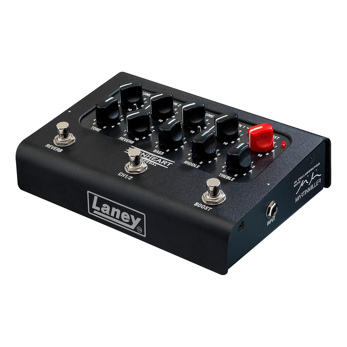 góc nghiêng Laney Ironheart Loudpedal Martin Miller thấy chữ ký Martin Miller và jack INPUT ở cạnh phải