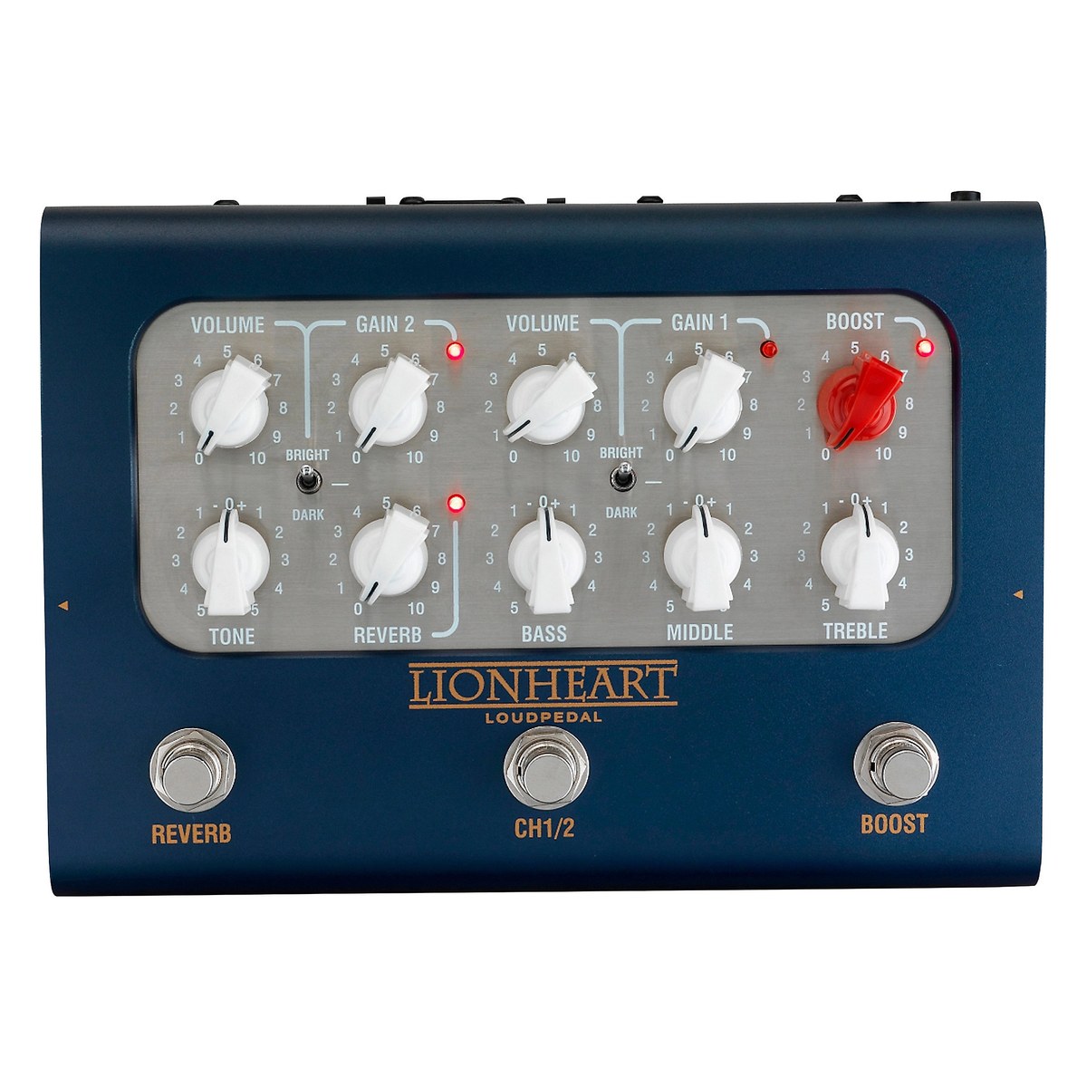mặt trên Laney Lionheart Loudpedal Tom Quayle: mặt bạc với 2 kênh VOLUME/GAIN, công tắc BRIGHT/DARK, TONE, REVERB, BASS, MIDDLE, TREBLE, núm BOOST đỏ và 3 footswitch