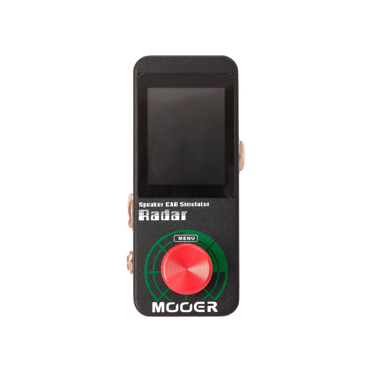 Mooer Radar mặt trên chính diện: màn hình màu, chữ Speaker CAB Simulator Radar và núm MENU màu đỏ
