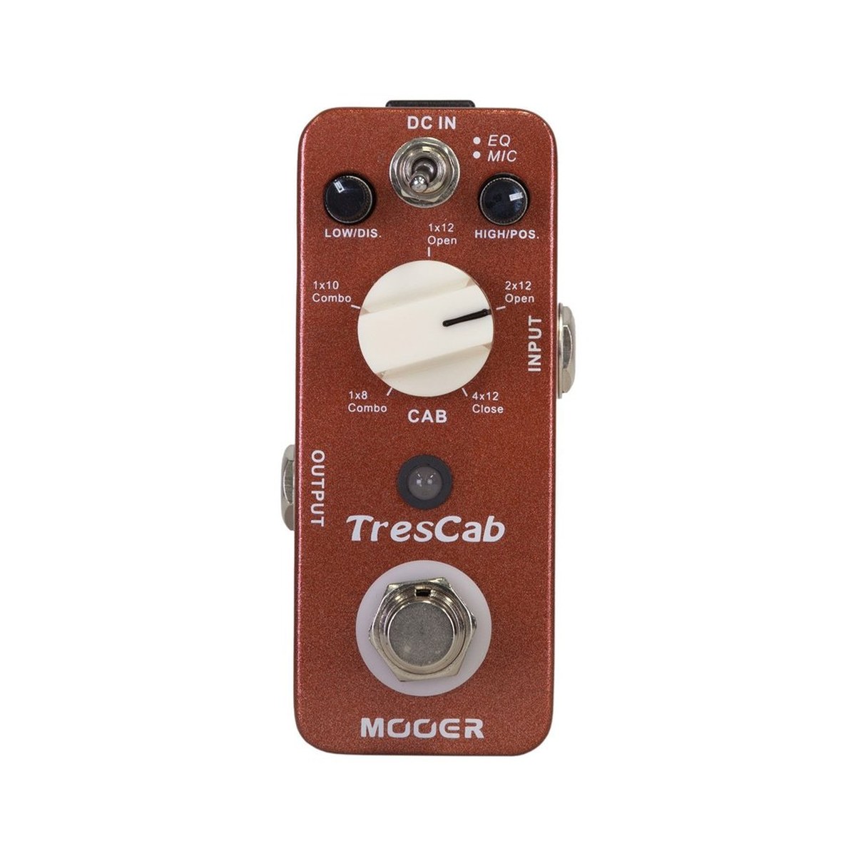 Mooer TresCab mặt trên chính diện: núm CAB 5 thùng loa, công tắc EQ/MIC, núm LOW/DIS. và HIGH/POS