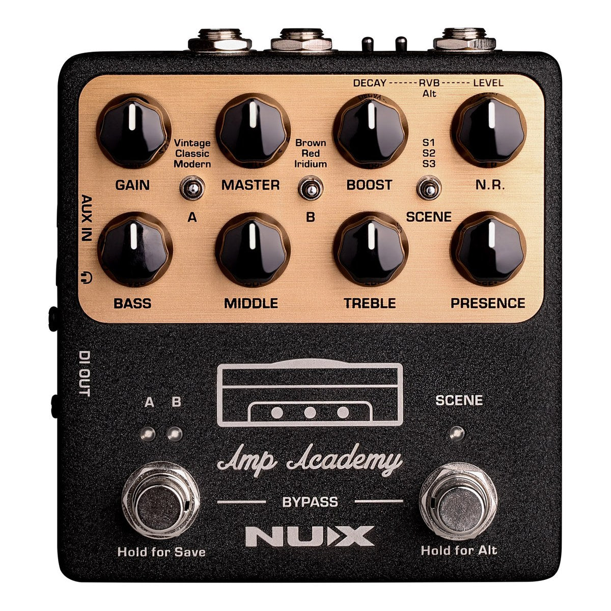 Phơ Giả Lập Amply NUX Amp Academy NGS-6 – Mặt trên NUX Amp Academy: núm GAIN, MASTER, BOOST, N.R., EQ 4 núm, công tắc A/B, SCENE và 2 footswitch