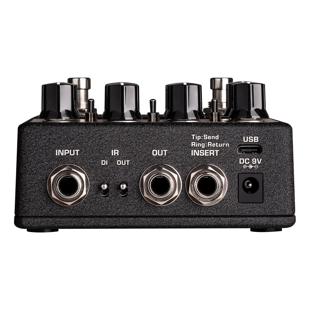Phơ Giả Lập Amply NUX Amp Academy NGS-6 – Cạnh đầu Amp Academy: INPUT, công tắc DI/IR OUT, OUT, INSERT, USB, DC 9V