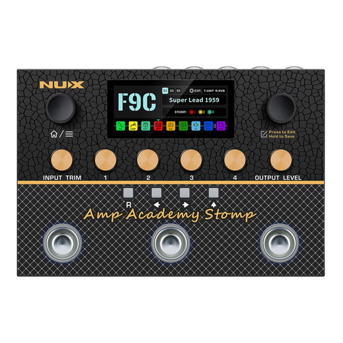 Phơ Giả Lập Amply NUX Amp Academy Stomp NMA-3AAP – NUX Amp Academy Stomp NMA-3AAP mặt trên: màn hình màu, núm INPUT TRIM, 4 núm chỉnh, OUTPUT LEVEL, 4 nút Quick Block và 3 footswitch