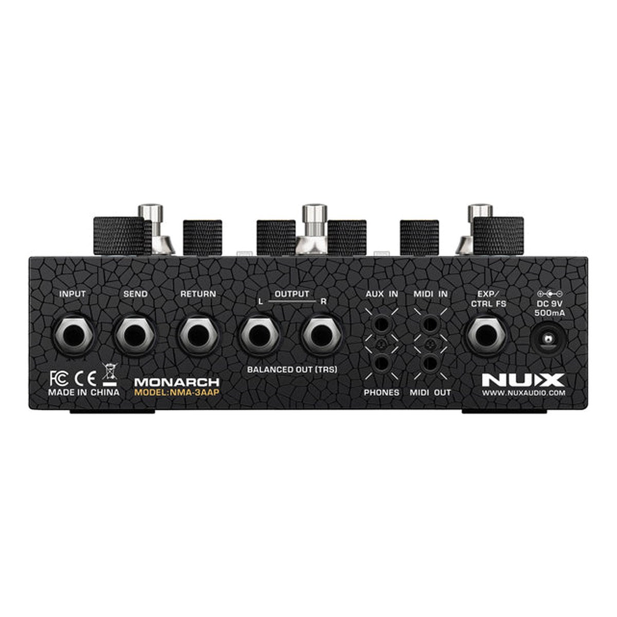 Phơ Giả Lập Amply NUX Amp Academy Stomp NMA-3AAP – Mặt sau Amp Academy Stomp: INPUT, SEND, RETURN, OUTPUT L/R cân bằng, AUX IN, PHONES, MIDI IN/OUT, EXP/CTRL FS, DC 9V