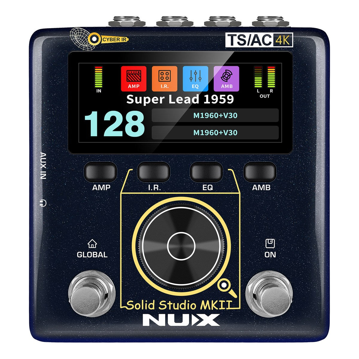 Phơ Giả Lập Amply NUX Solid Studio MKII NSS-6 – Mặt trên NUX Solid Studio MKII: màn hình LCD màu, nút AMP, I.R., EQ, AMB, núm encoder và 2 footswitch