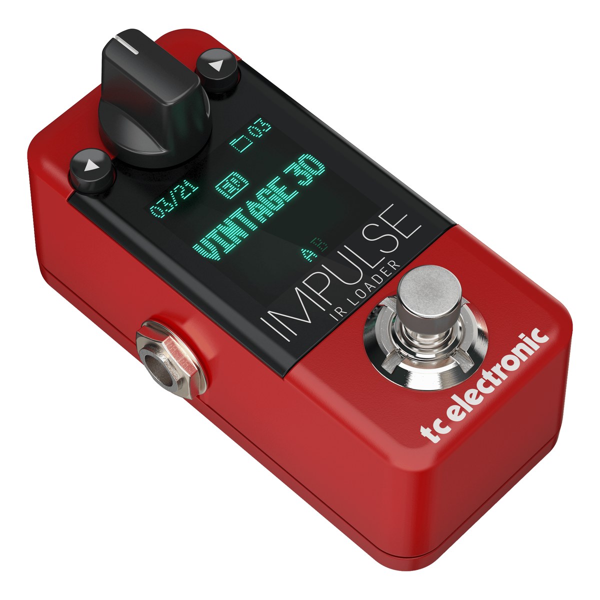 TC Electronic Impulse IR Loader nhìn nghiêng từ bên trái, vỏ mini đỏ và jack hông trái