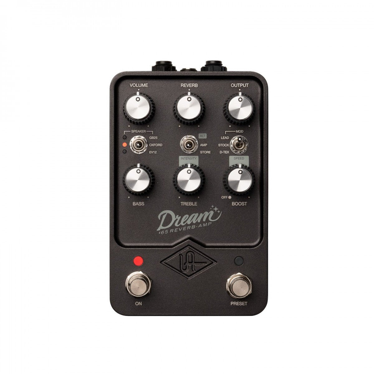 Phơ Giả Lập Amply UAFX Dream '65 Reverb – mặt trên với núm VOLUME, REVERB, OUTPUT, BASS, TREBLE, BOOST