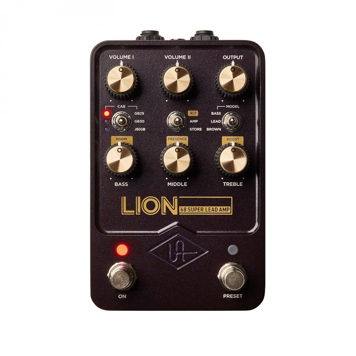 Phơ Giả Lập Amply UAFX Lion '68 Super Lead – mặt trên với núm VOLUME I, VOLUME II, OUTPUT, BASS, MIDDLE, TREBLE