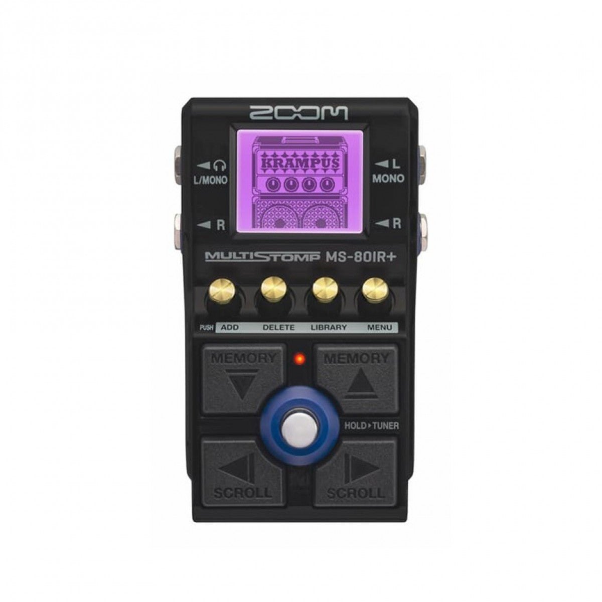 Phơ Giả Lập Amply Zoom MS-80IR+ MultiStomp – mặt trên với màn hình tím, 4 núm vàng và các nút MEMORY, SCROLL