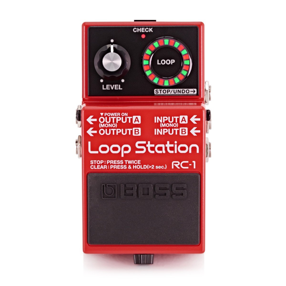 Phơ Looper BOSS RC-1 Loop Station – mặt trên với núm LEVEL, vòng LED LOOP và footswitch