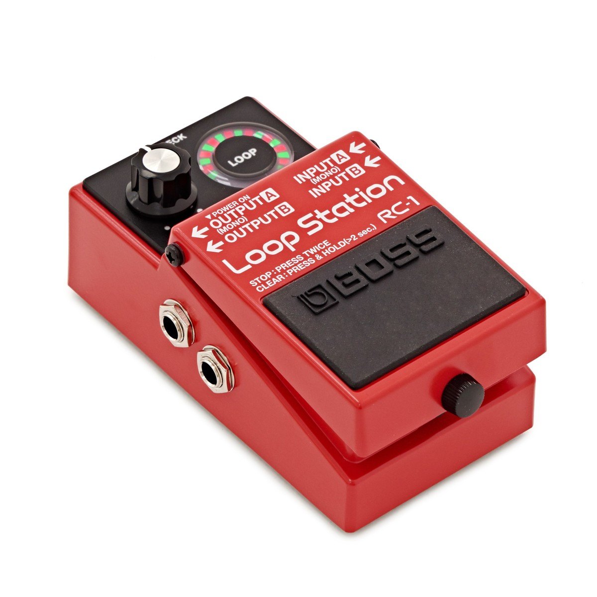 Phơ Looper BOSS RC-1 Loop Station – góc nghiêng 3/4 từ bên trái, thấy jack OUTPUT A và B