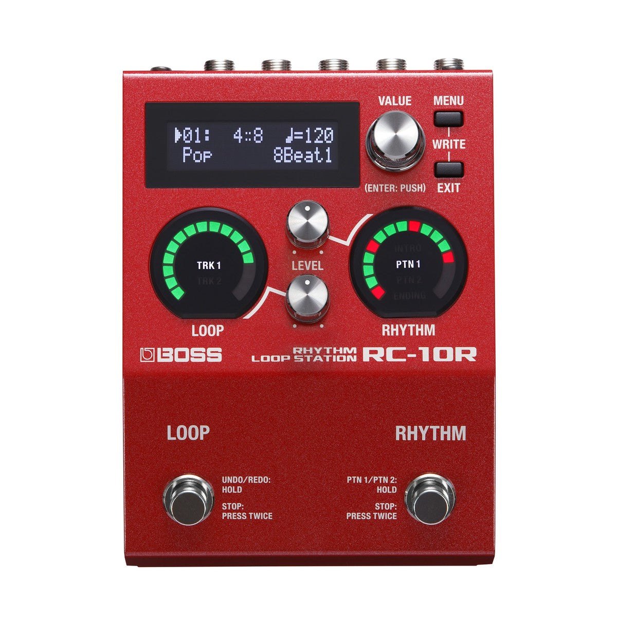 Phơ Looper BOSS RC-10R Rhythm Loop Station – mặt trên với màn hình, vòng LED TRK/PTN và 2 footswitch LOOP, RHYTHM