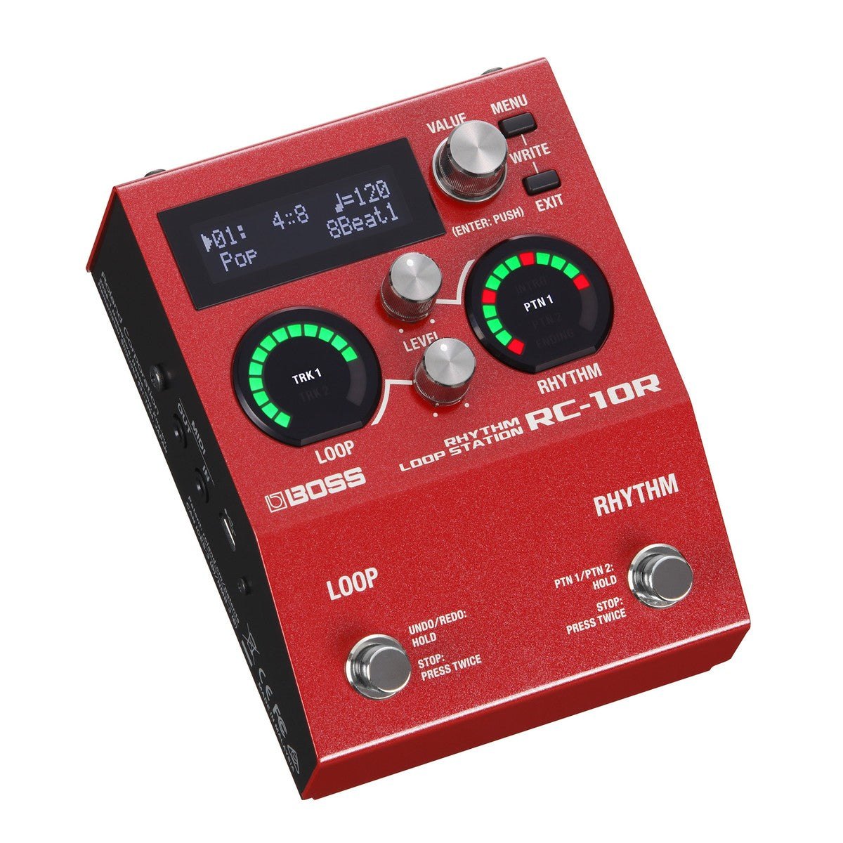 Phơ Looper BOSS RC-10R Rhythm Loop Station – nhìn nghiêng 3/4, màn hình hiển thị pattern nhịp và tempo