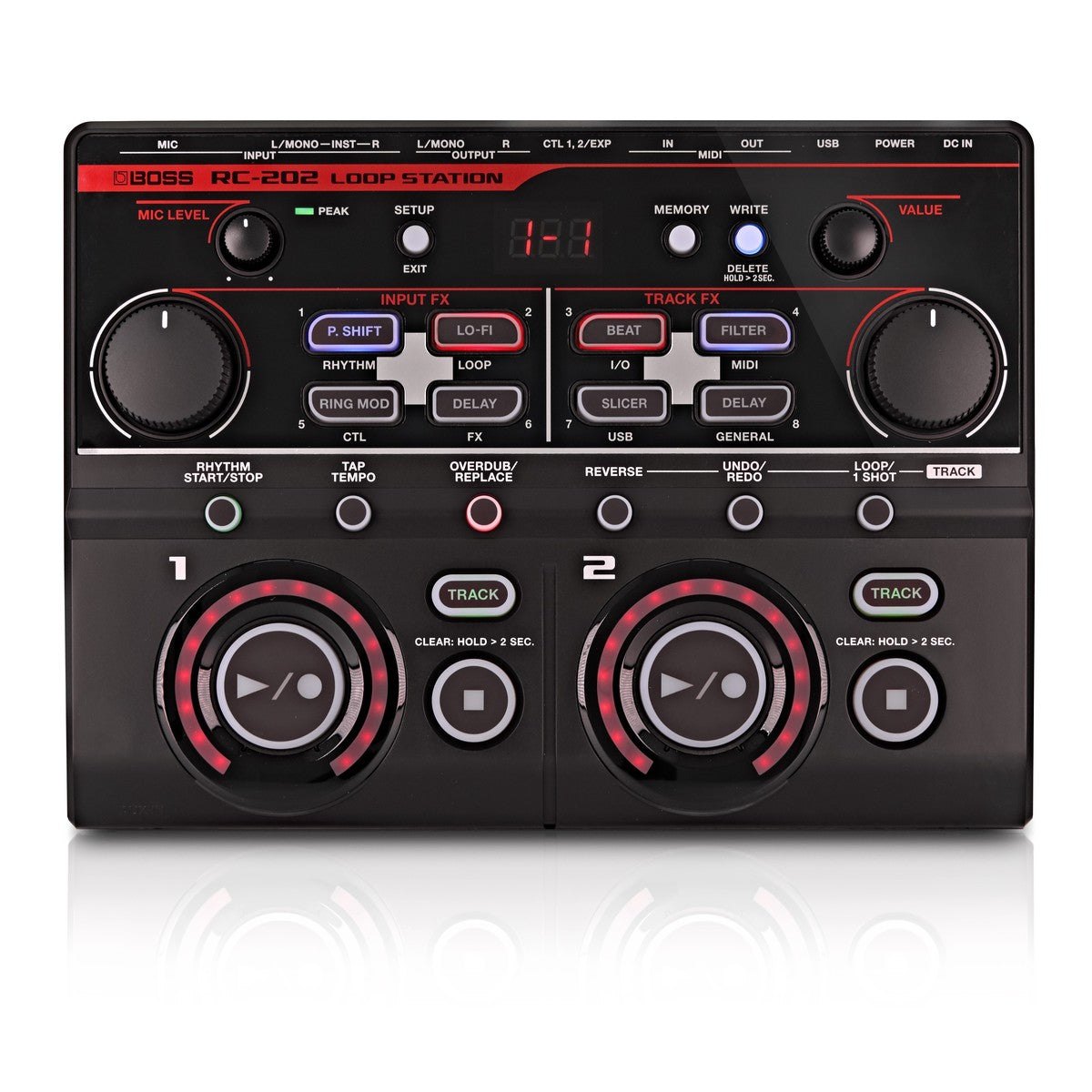 Phơ Looper BOSS RC-202 Loop Station – mặt trên với 2 track, cụm INPUT FX, TRACK FX và núm MIC LEVEL