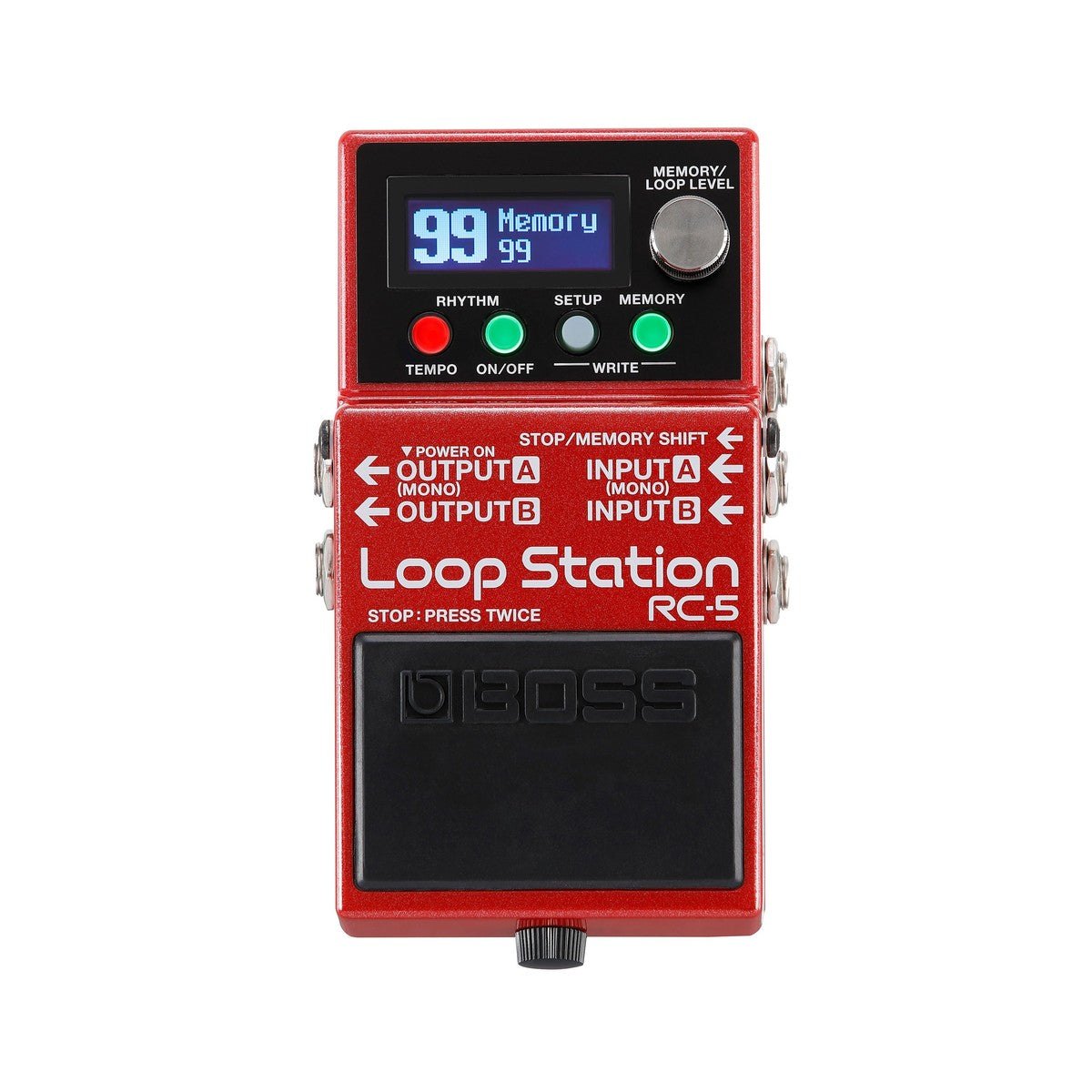 Phơ Looper BOSS RC-5 Loop Station – mặt trên với màn hình, núm MEMORY/LOOP LEVEL và 4 nút chức năng