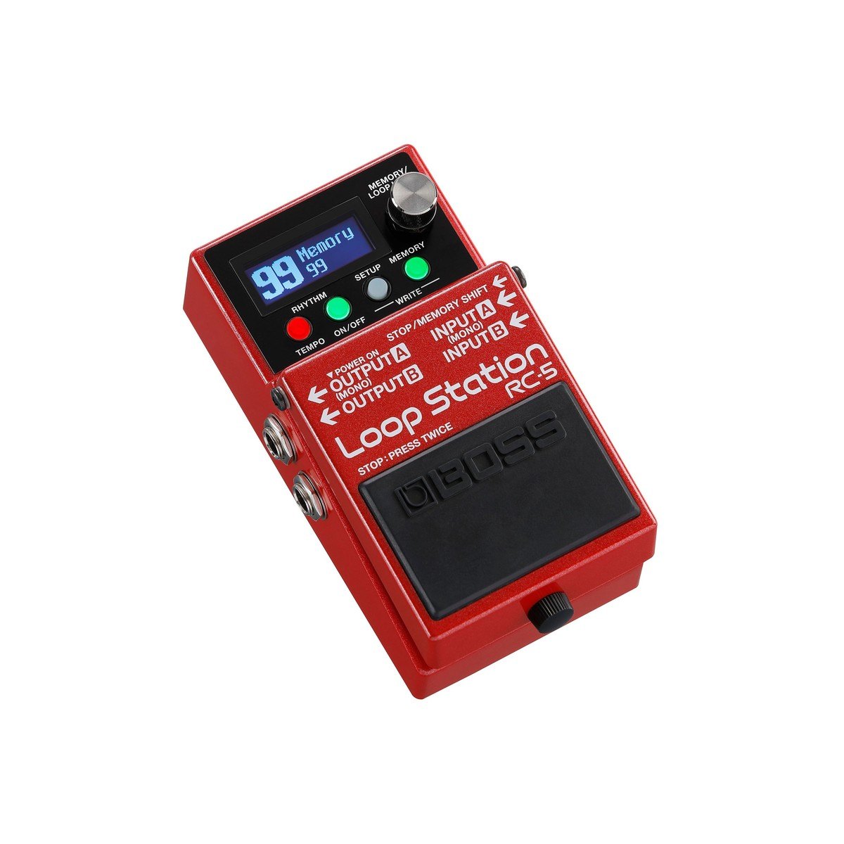 Phơ Looper BOSS RC-5 Loop Station – góc nghiêng 3/4 trên nền trắng, màn hình hiển thị bộ nhớ 99