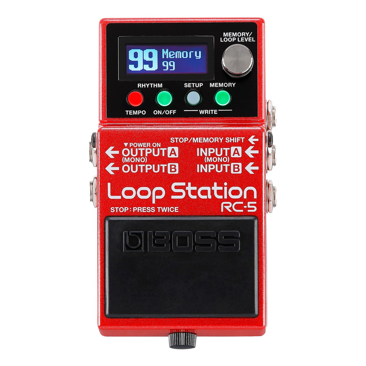 BOSS RC-5 Loop Station nhìn chính diện: màn LCD, núm MEMORY/LOOP LEVEL và 4 nút RHYTHM, SETUP, MEMORY