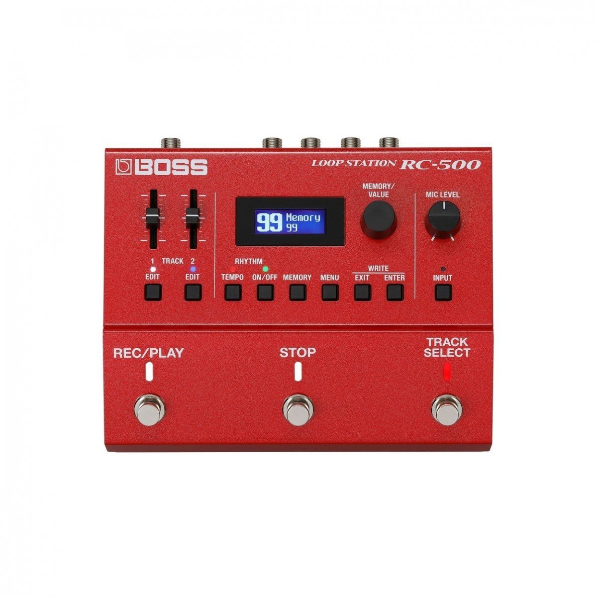 Phơ Looper BOSS RC-500 – mặt trên với màn hình và 3 footswitch REC/PLAY, STOP, TRACK SELECT
