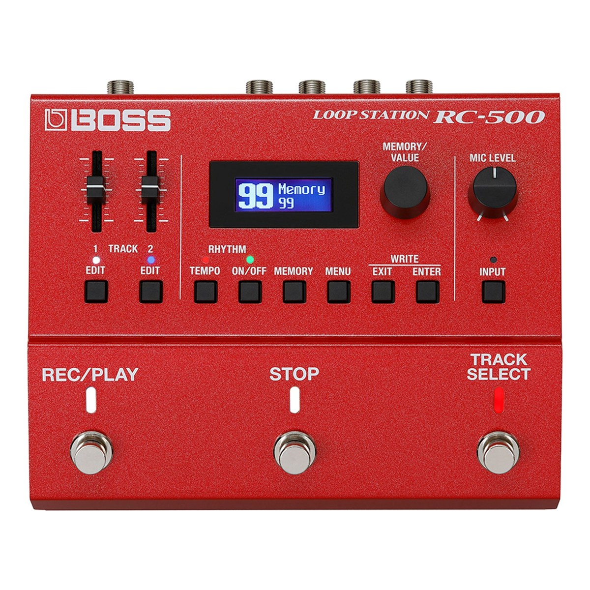 chính diện mặt trên BOSS RC-500 Loop Station với 2 cần gạt TRACK, màn hình và 3 footswitch REC/PLAY, STOP, TRACK SELECT