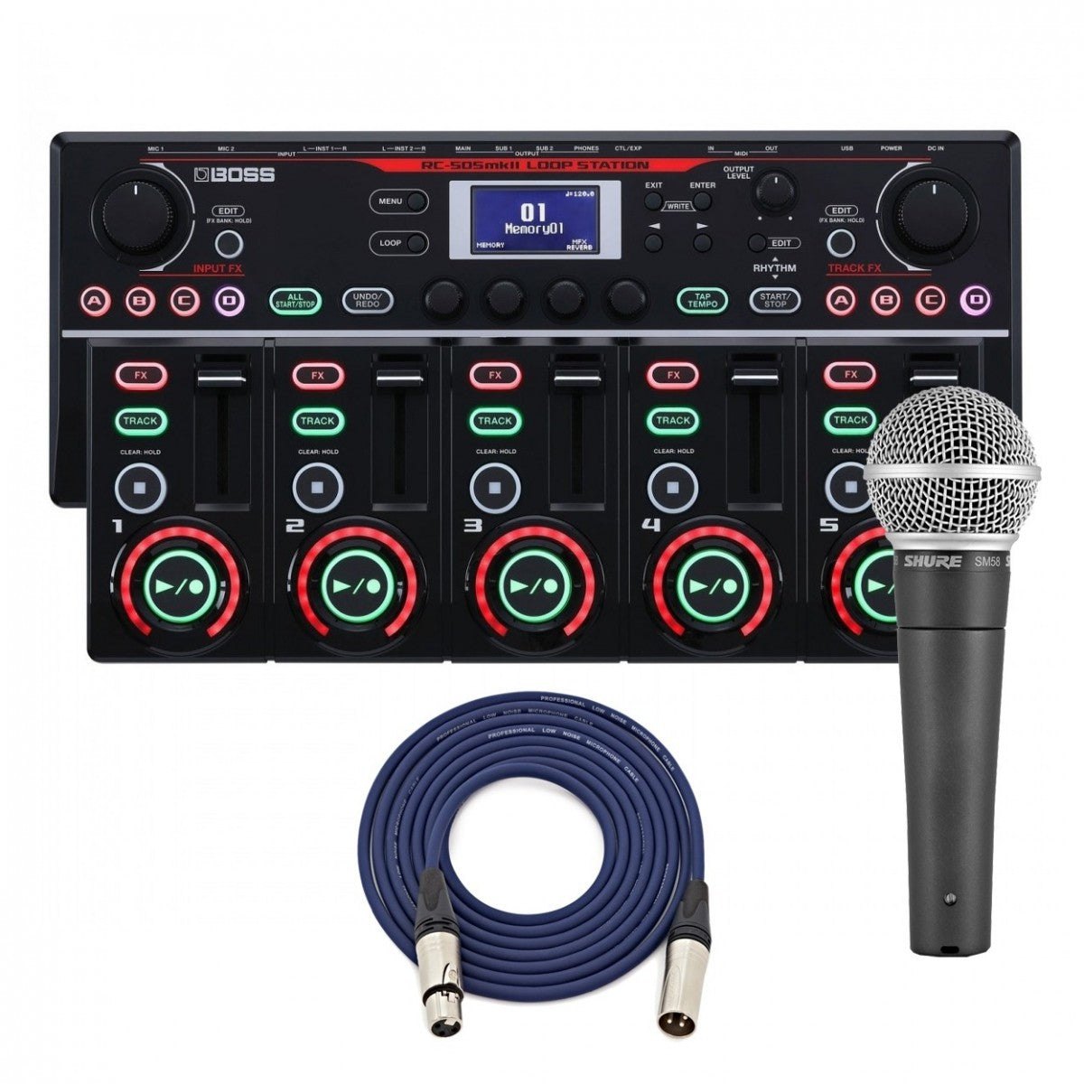Phơ Looper BOSS RC-505mkII Kèm Micro Shure SM58 – bộ sản phẩm gồm looper RC-505MKII, micro Shure SM58 và dây cáp XLR