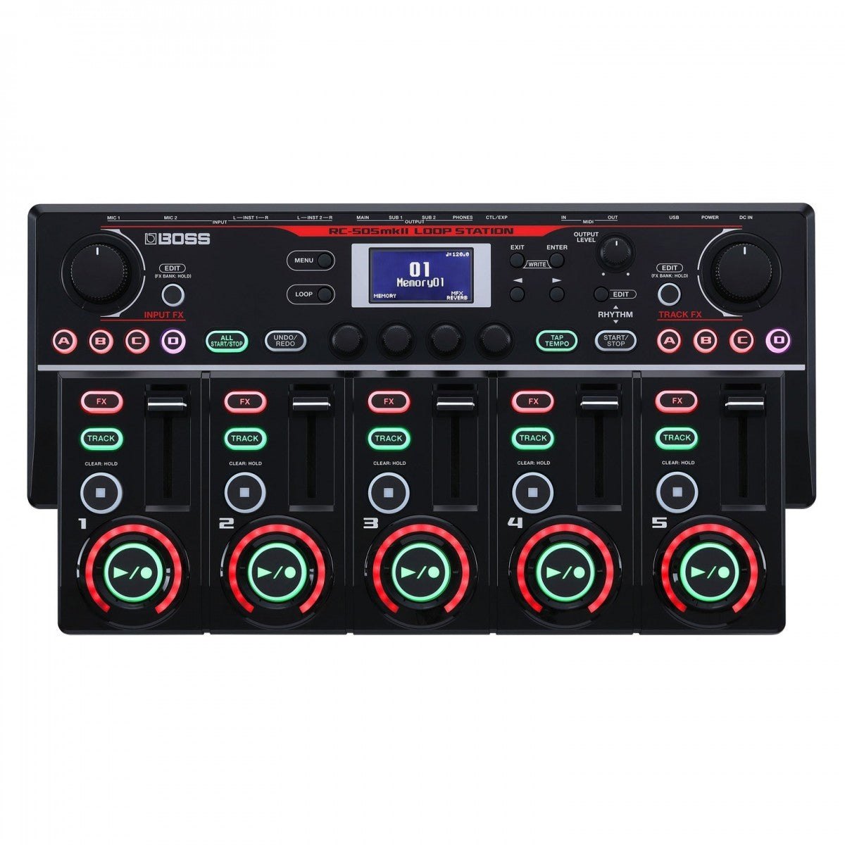 Phơ Looper BOSS RC-505mkII Loop Station – mặt trên nhìn thẳng với 5 track, fader, màn hình và núm INPUT FX/TRACK FX