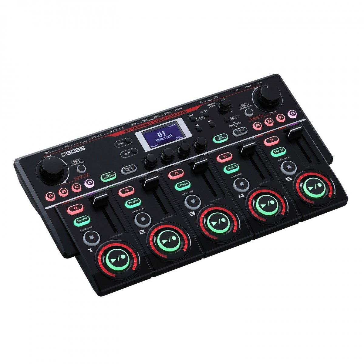 Phơ Looper BOSS RC-505mkII Loop Station – nhìn nghiêng 3/4 từ phía trước bên trái, thấy 5 vòng đèn LED của các track