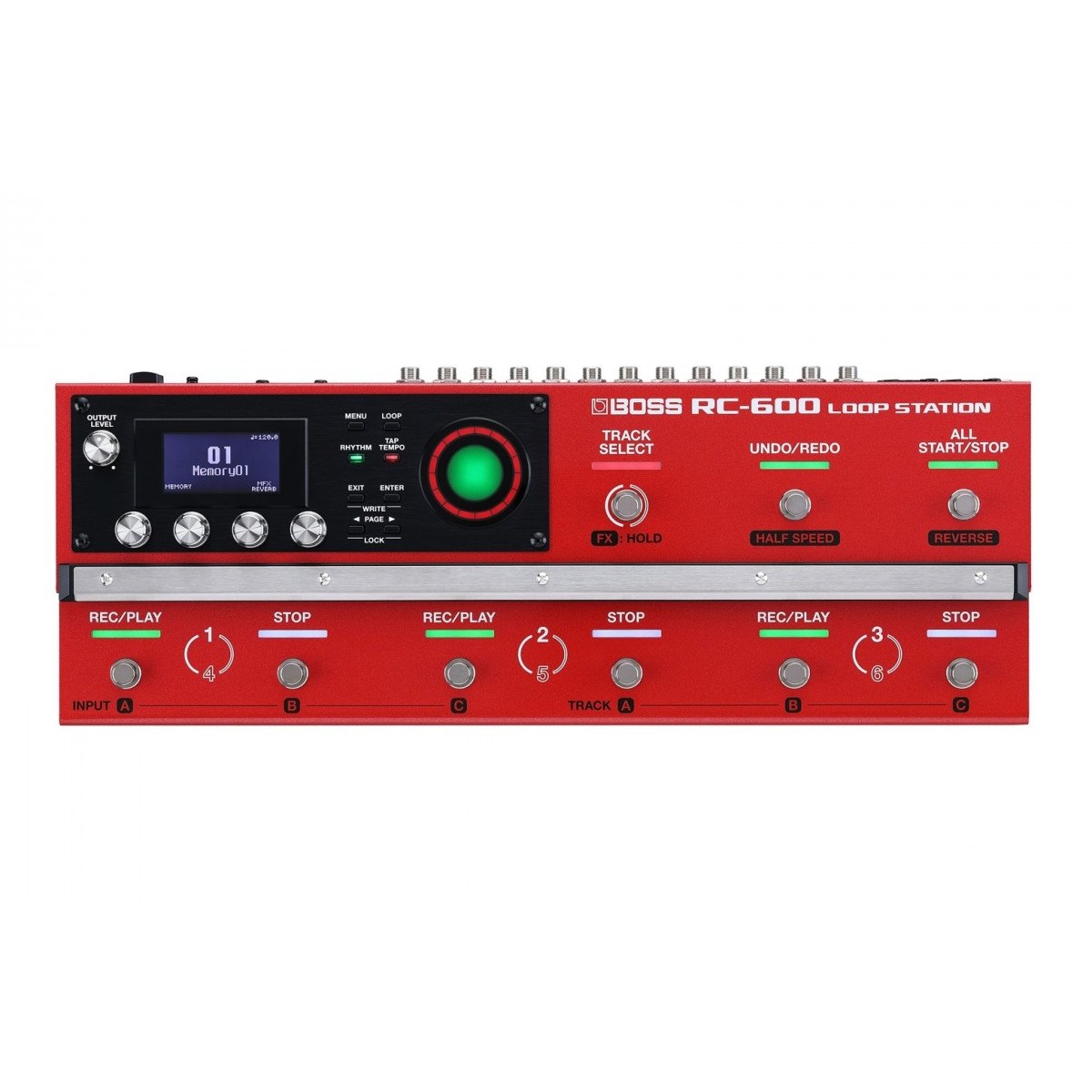 Phơ Looper BOSS RC-600 Loop Station – mặt trên nhìn thẳng, màn hình, 9 footswitch và vòng LED