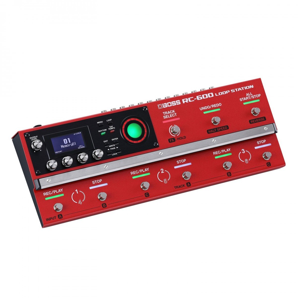 Phơ Looper BOSS RC-600 Loop Station – góc nghiêng 3/4, thấy màn hình và các footswitch REC/PLAY, STOP