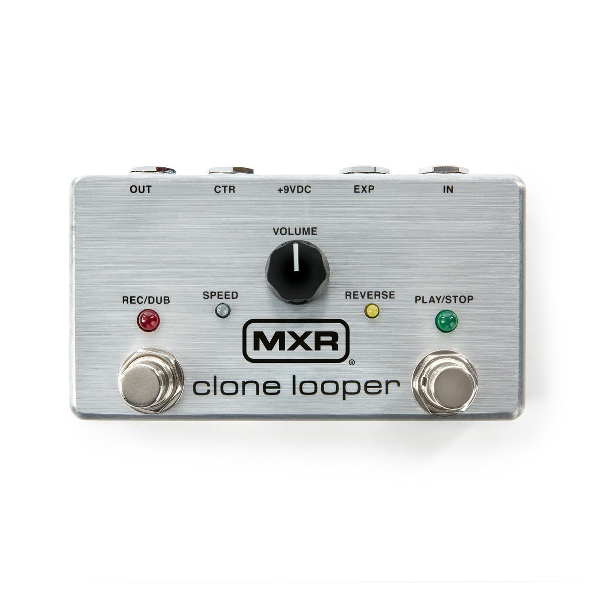 Phơ Looper MXR M303 Clone Looper – mặt trên với núm VOLUME, đèn SPEED/REVERSE và 2 footswitch