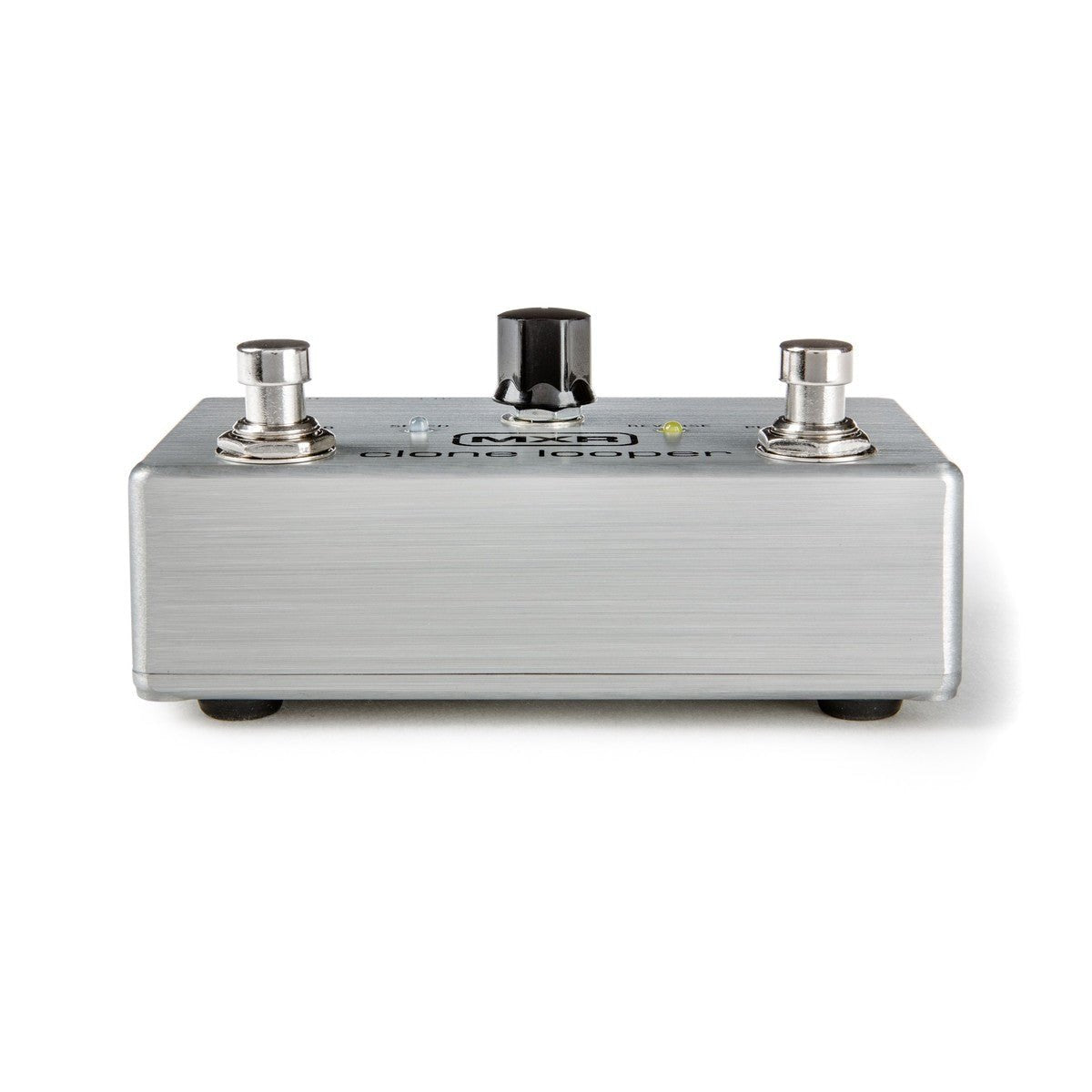 Phơ Looper MXR M303 Clone Looper – cạnh trước nhìn ngang, vỏ bạc vân xước, 2 footswitch và núm VOLUME