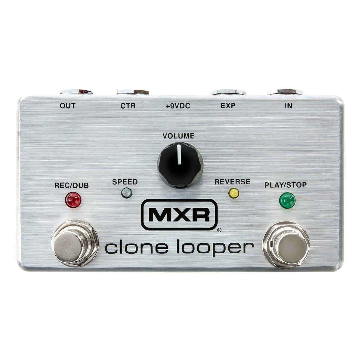 chính diện mặt trên MXR M303 Clone Looper vỏ nhôm xước bạc, núm VOLUME, 2 footswitch REC/DUB và PLAY/STOP