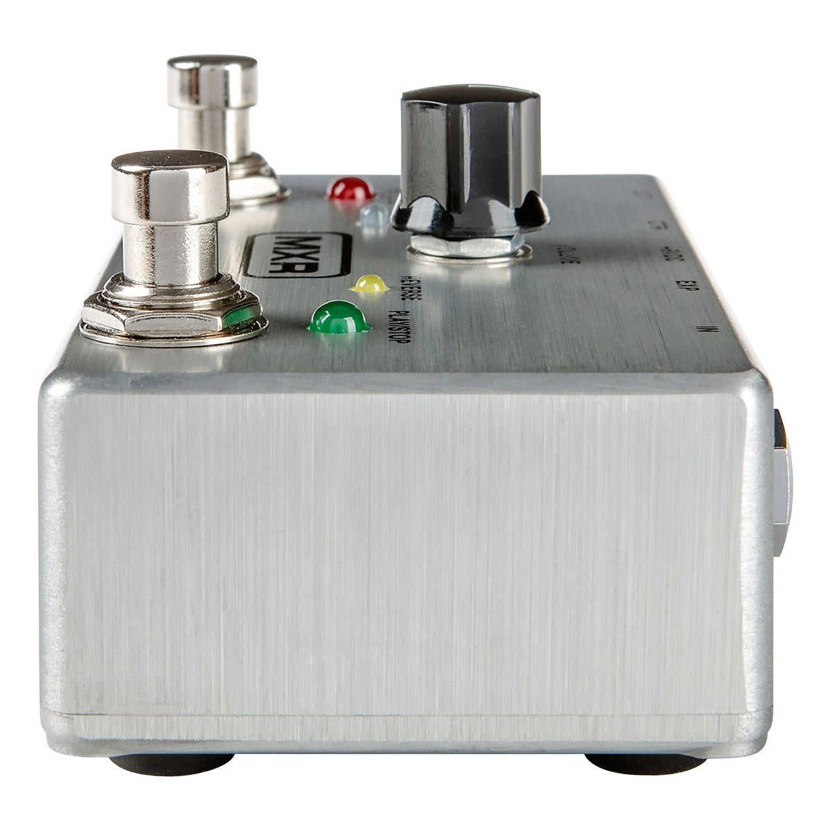 MXR Clone Looper nhìn từ cạnh trái, thấy footswitch, núm VOLUME và đèn LED