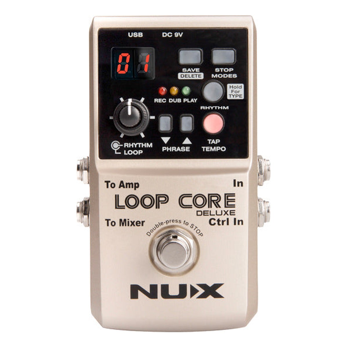 Phơ Looper NUX Loop Core Deluxe – NUX Loop Core Deluxe mặt trên: màn hình số, núm RHYTHM / LOOP, các nút SAVE/DELETE, STOP/MODES, RHYTHM, TAP TEMPO và footswitch