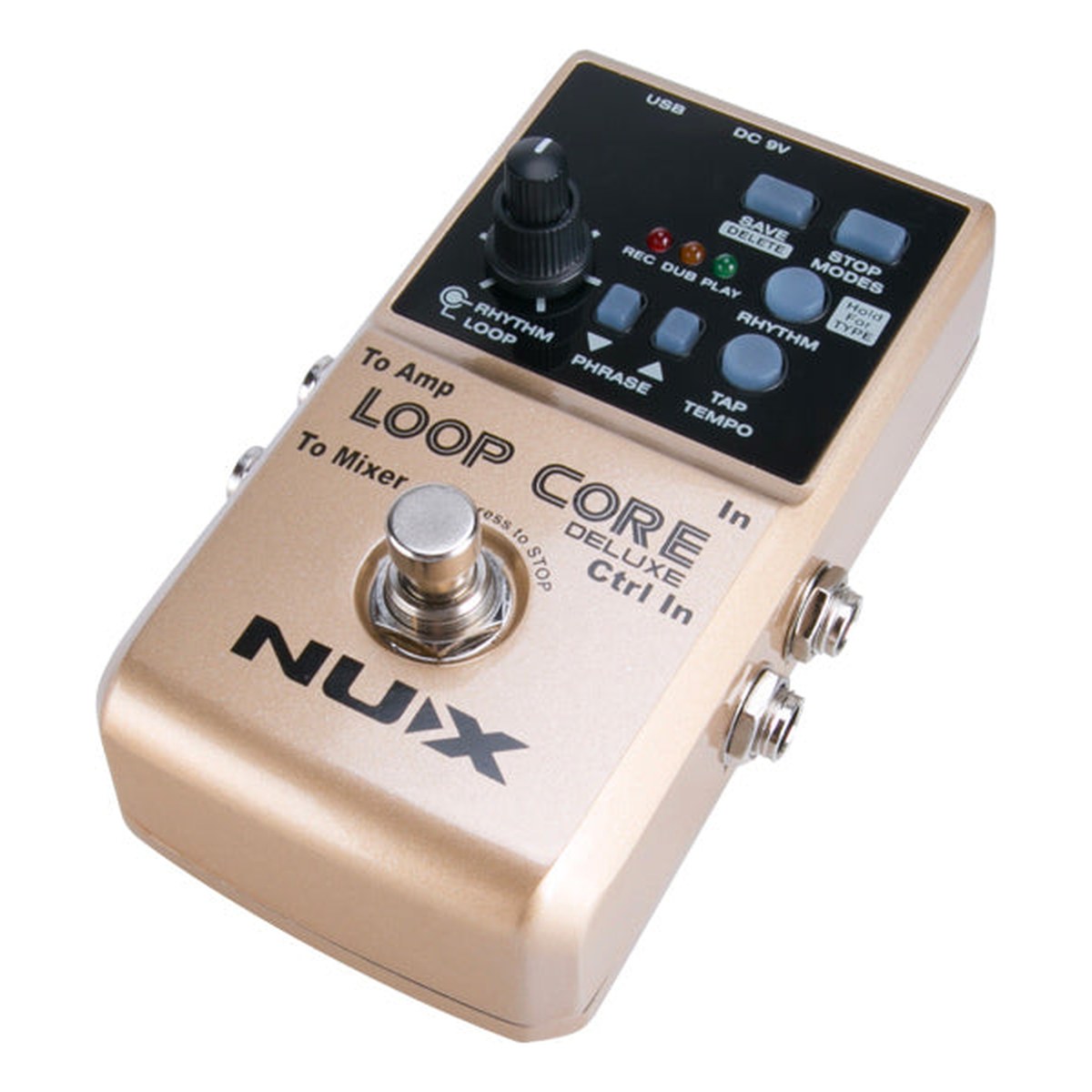Phơ Looper NUX Loop Core Deluxe – Góc nghiêng thấy mặt trên và cạnh có jack In, Ctrl In