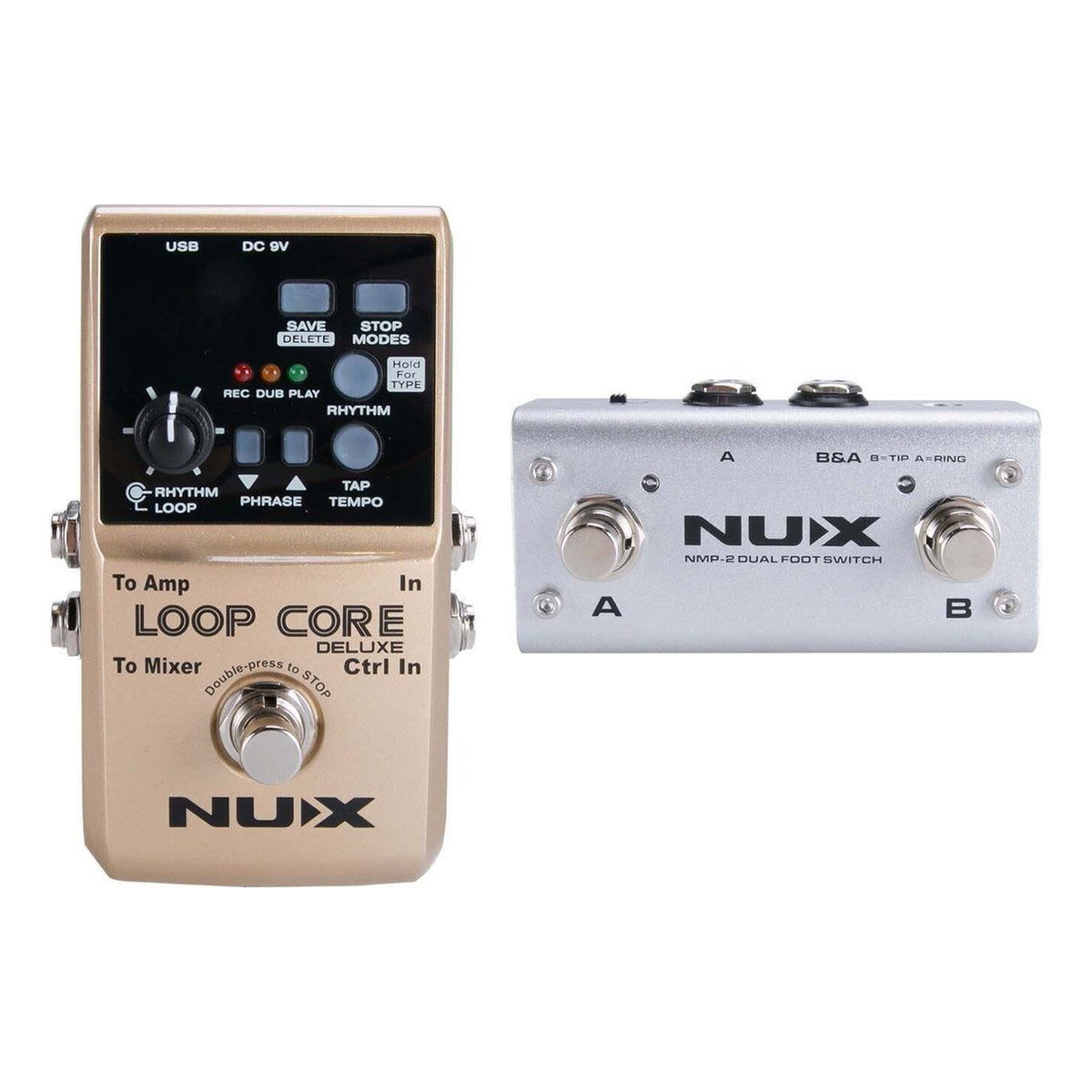 Phơ Looper NUX Loop Core Deluxe – Loop Core Deluxe đặt cạnh footswitch kép NMP-2 (NMP-2 chỉ có trong bản Bundle)