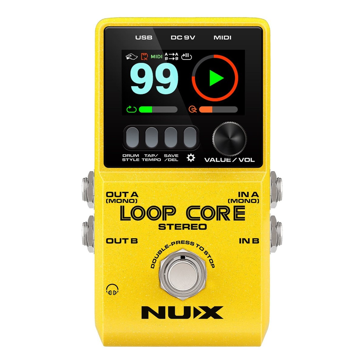 Phơ Looper NUX Loop Core Stereo NCL-2 – Mặt trên NUX Loop Core Stereo với màn hình LCD màu, núm VALUE/VOL và các nút DRUM STYLE, TAP/TEMPO, SAVE/DEL, SETTING